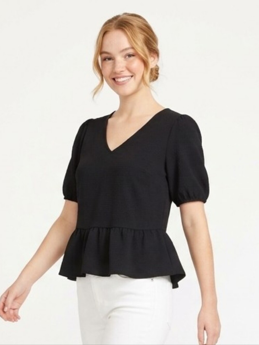 Nine West Black V-Neck Peplum Blouse